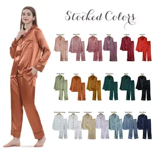 Long Sleeve Satin Silk Women Pajamas Set Pyjamas and Women's Sleepwear Factory Wholesale