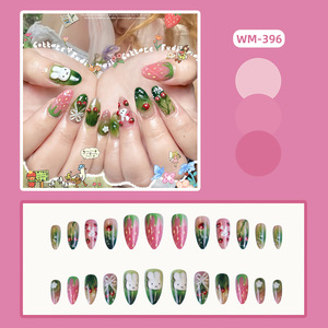 Faux ongles à presser Kawaii Lapin & Fraise, Ombré Vert avec accents floraux et nœuds, en acrylique forme amande pour usage quotidien - Product Image 2
