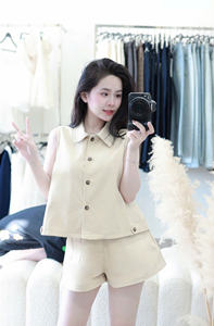 Conjunto de 3 piezas de camisa, capa y pantalones cortos con lazo, mezcla de lino de Vietnam, cuello con lazo, top de manga corta, algodón tejido transpirable, cómodo para mujer - Product Image 3