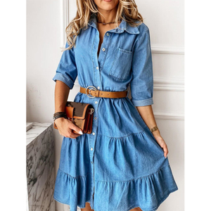 Robe <span class=keywords><strong>chemise</strong></span> <span class=keywords><strong>en</strong></span> <span class=keywords><strong>jean</strong></span> évasée superposée boutonnée à demi-manches décontractée d'été pour <span class=keywords><strong>femme</strong></span> - Product Image 1