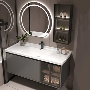 Mueble de Baño de Lujo Moderno con <span class=keywords><strong>Espejo</strong></span> de Pared, Organizador, Lavabo de Piedra, <span class=keywords><strong>Antivaho</strong></span>, Cajones de Madera, Combinación de Tocador - Product Image 4