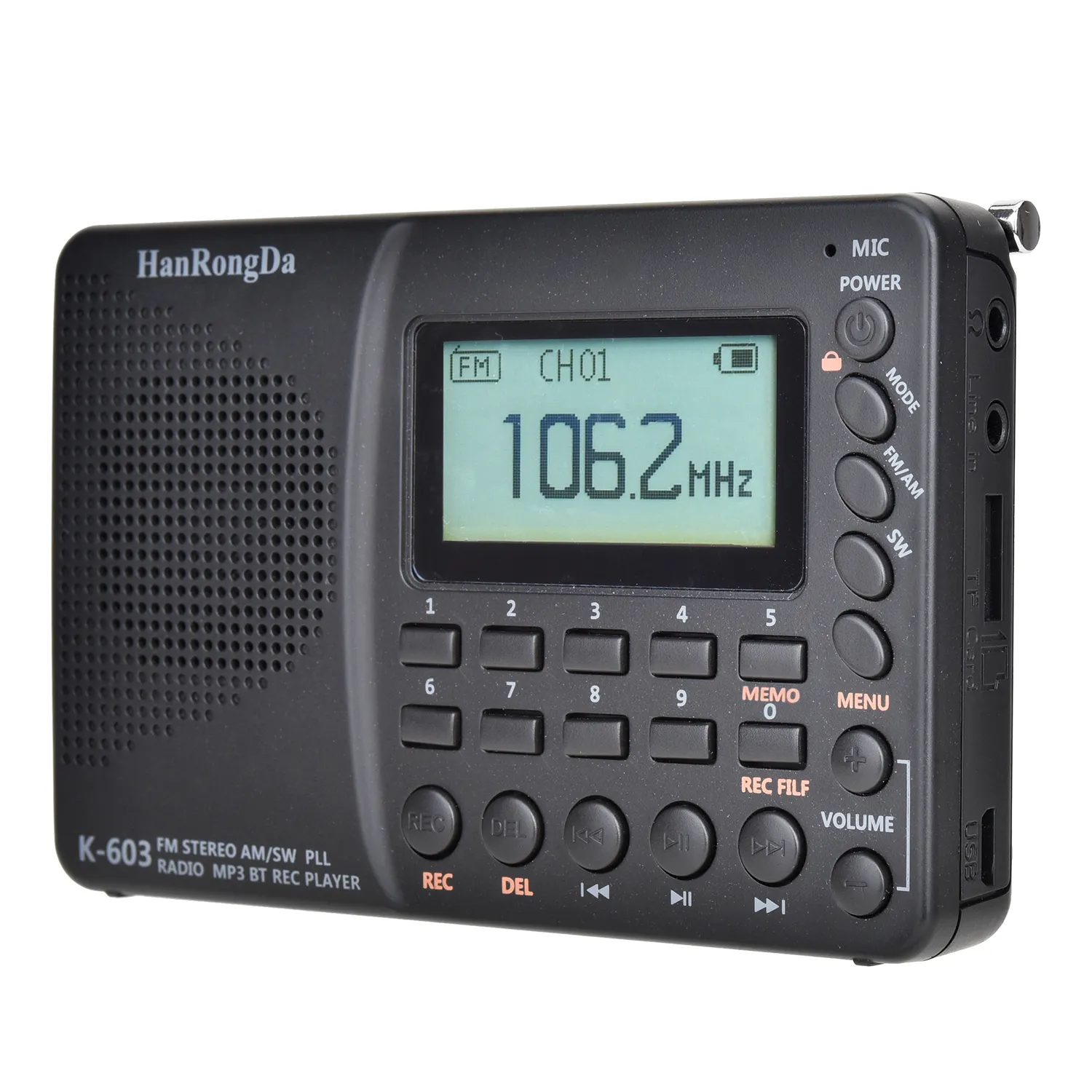 ポータブルボイスレコーダーK603AM/SW/FMステレオTFUSBラジオ受信機
