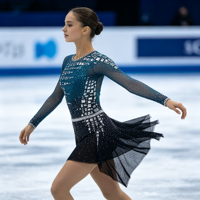 Robe de patinage artistique à manches longues, couleur bleu sarcelle et noir, avec strass, en maille, pour enfants et adultes, pour compétitions sur glace
