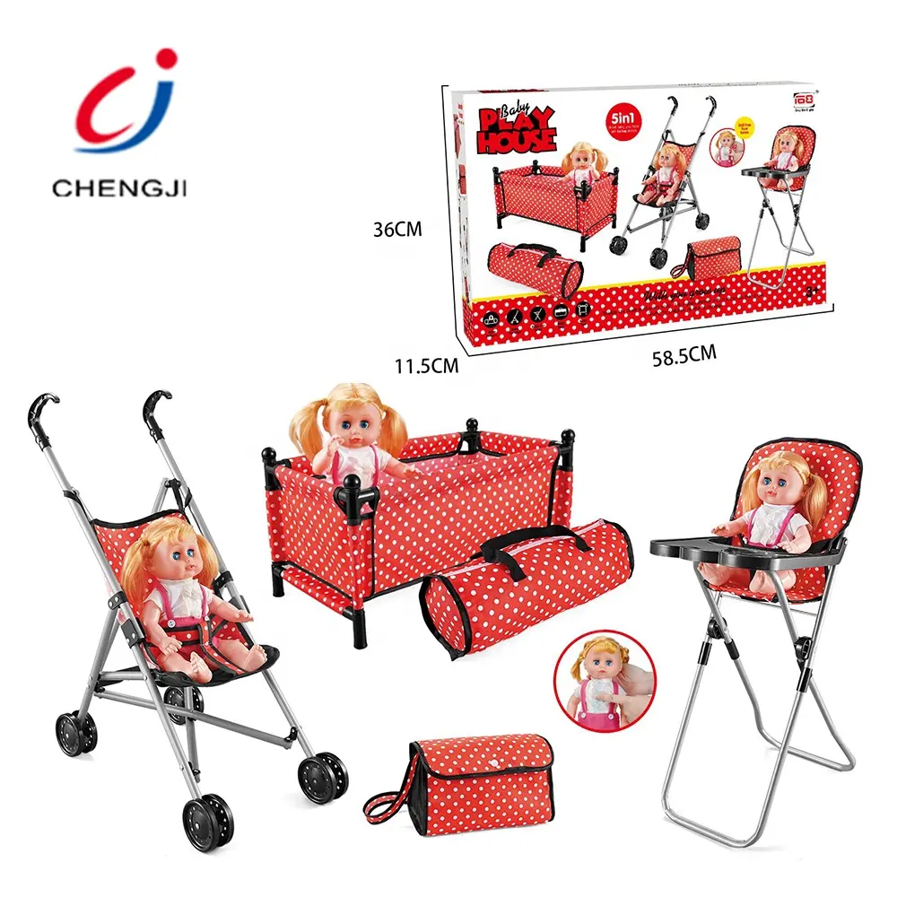 Kids Play House 5 In 1 Baby Doll Iron Stroller Foldable Doll Trolley Toy, Juguetes Play Role Baby Doll Play Set Toy