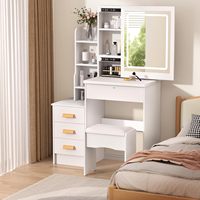 Coiffeuse moderne en MDF avec miroir et tabouret, éclairage LED à luminosité réglable, 6 étagères dissimulées, pour chambre à coucher, blanc