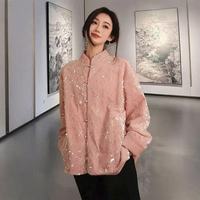 Damen Neo-Chinesische Tang-Jacke, Rosa mit Schwerer Pailletten-Stickerei, Stehkragen mit Froschknöpfen, Sanftes Orientalisches Outfit