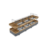 2-laags metalen houten groentepresentatiestandaard met manden, stabiel, draagvermogen, brede lay-out voor supermarktproductpresentatie