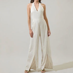 Mono de lino transpirable de alta calidad, lujoso y a la moda, con cuello halter en V profundo, holgado y de pierna ancha, personalizable. - Product Image 1