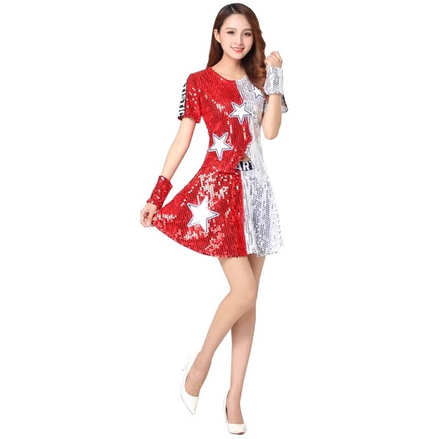 Women Jazz Dance Costumes Sequin Split Color Star Performance Stage Outfit Shiny Blue Red Green Gold Silver Skirt Set