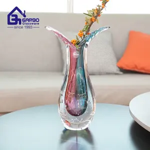 Vaso de cristal envidraçado artesanal de alta qualidade, vaso de vidro de cor dupla, vaso floral em formato único para escritório doméstico, cores azul e rosa