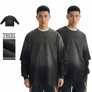 Conjunto de <span class=keywords><strong>2</strong></span> Piezas de Camiseta y Pantalones Cortos de Manga Larga para Hombre, con Logotipo Personalizado, Estilo Vintage, Lavado Ácido, Algodón, Cuello Redondo, Ropa Urbana TKAN842 - Product Image 1