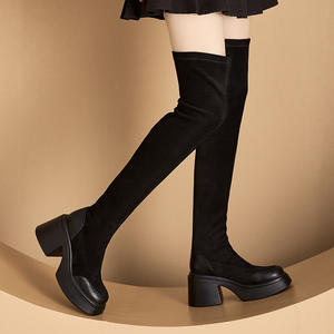 Bottes Western à talon plat à double portée, mode automne-hiver 2023, rétro explosif, épaisses, à semelle épaisse, élastiques, bottes de chevalier thermiques - Product Image 2