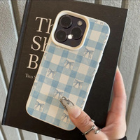 Coque de téléphone portable en TPU à motif quadrillé bleu avec nœud, étui de protection en cuir tendance pour iPhone 16 15 17 Air 18 Pro Max