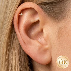 Piercing labret tendance en or massif 14K avec zircon, dos plat octogonale, barre en titane G23, bijou d'oreille quotidien - Product Image 4