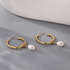 <b>Fine</b> 18k Gold Plated <b>Earrings</b> Freshwater Pearl <b>Stud</b> <b>Earring</b> Stainless Steel c Shape <b>Earrings</b> Women - Product Image 4
