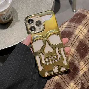 Lüks kaplama kafatası 3D parlak sert telefon iPhone için kılıf 14 13 Pro Max 12 11 artı gotik Hollow Out antika mat oyma Funda