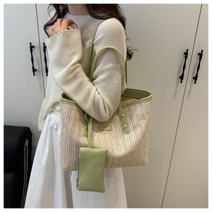 Sac à main tressé tendance été 2026 KH avec <span class=keywords><strong>pochette</strong></span> assortie, sac de plage <span class=keywords><strong>chic</strong></span> <span class=keywords><strong>en</strong></span> <span class=keywords><strong>paille</strong></span>, grand sac à bandoulière de grande capacité avec garniture <span class=keywords><strong>en</strong></span> PU - Product Image 5