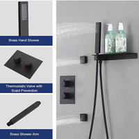 Système de douche thermostatique moderne noir en laiton brossé à poignée unique avec étagère, pour usage hôtelier, jet doux massant