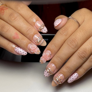 <span class=keywords><strong>Uñas</strong></span> Postizas Hechas a Mano, Medianas, Almendradas, con Punta Francesa, Diseño de Flores Rosadas en 3D, <span class=keywords><strong>Uñas</strong></span> Acrílicas para Mujer - Product Image 2