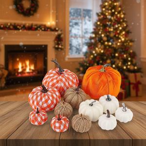 Ensemble de 12 citrouilles en velours à carreaux pour <span class=keywords><strong>Halloween</strong></span> 2026 – Décoration de Noël et de Thanksgiving - Product Image 1