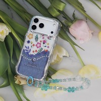Casing Ponsel Bermotif Bunga untuk iPhone 11 12 13 14 15 16 17 Pro Max dengan Tali Berhias Manik-Manik Bingkai Berlian Imitasi Casing Pelindung Mewah