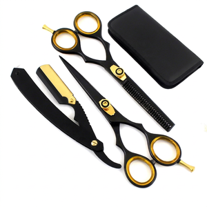 Kit de toilettage pour hommes 4 en 1 très vendu, ciseaux à cheveux, ciseaux effilés, rasoir droit avec étui de rangement, ensemble de barbier - Product Image 1