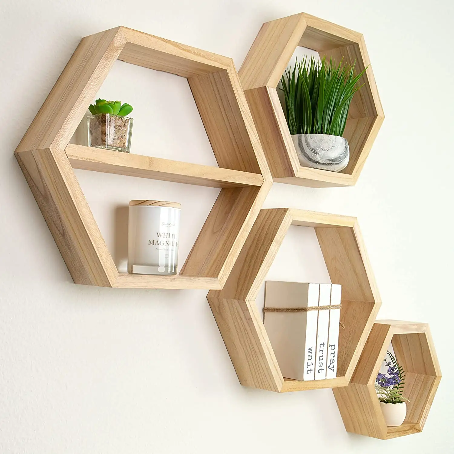 Hexagon Floating Cube Wall Mount Wooden shelf Wood Honeycomb Shelves for Home and Office