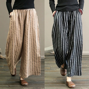 Cotton Linen Striped Wide Leg Pants Women Casual Breathable Loose Fit Plus Size Straight Leg Pants With Pockets Summer Style - Product Image 1