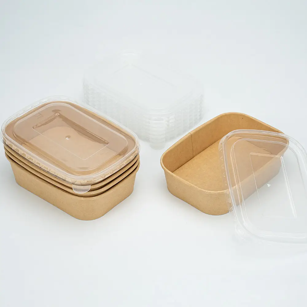 Cuenco de comida para llevar personalizado de fábrica, cuenco Kraft desechable para ensalada de papel Kraft de 580ml con tapa, cuencos rectangulares para contenedores