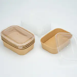 Factory Custom Take Away Lunch Food Bowl 580ml Kraft Paper Salad Disposable Kraft Bowl With Lid Rectangular Container Bowls