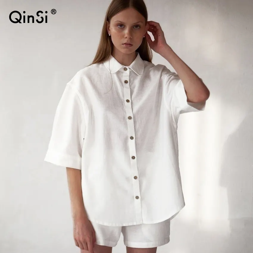 QINSI امرأة قطعة Loungewear 2 جديد مجموعات النساء أحادية الصدر طية صدر السترة الأبيض طقم كاكي المرأة القطن نصف كم ملابس النوم