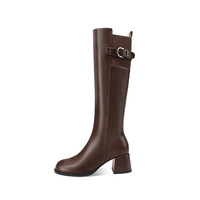 Bottes d'équitation d'hiver en cuir véritable à bout carré, montantes, à talon épais et fermeture éclair