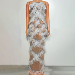 ชุดราตรีประดับเพชรเทียม สายเดี่ยว แต่งขนนก สำหรับงานปาร์ตี้ ชุดราตรีผู้หญิง ชุดออกงานหรูหรา ชุดพรอมผู้หญิง - Product Image 1