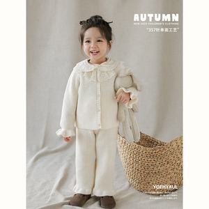 2023 Herbst Neuankömmling Wolle Gestrickt Rosa Schwarz Beige Baby Mädchen Strickhose Großhandel Kinder Mädchen Strickjacke Pullover Set - Product Image 3