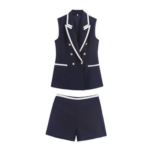 Conjunto de 2 Piezas de Chaleco y Pantalones Cortos sin Mangas con Cuello y Bloques de Color para Mujer, a la Moda - Product Image 2