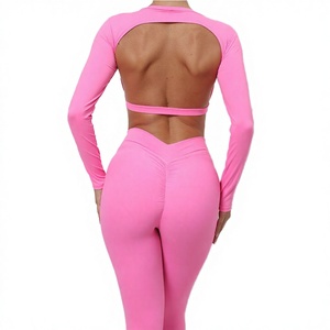 Conjuntos Deportivos Sólidos para Mujer con Logotipo Personalizado, Top Corto sin Espalda con Fruncido que Realza Glúteos, Leggings de Yoga con Cintura en V, Transpirables, para Gimnasio y Fitness - Product Image 3