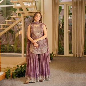 Purple Embroidered Anarkali Salwar Suit <b>Cape</b> Dupatta Pakistani Wedding Dress Eid Festival Wear - Product Image 1