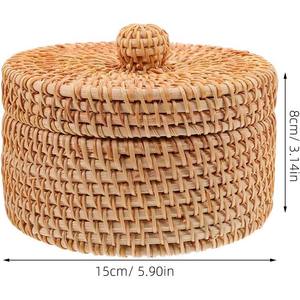 ตะกร้าหวายสานมือทรงกลมพร้อมฝาปิด ขนาดกะทัดรัดสำหรับจัดเก็บเครื่องสำอาง ขนม ถุงชา ของตกแต่งบนเคาน์เตอร์ - Product Image 4