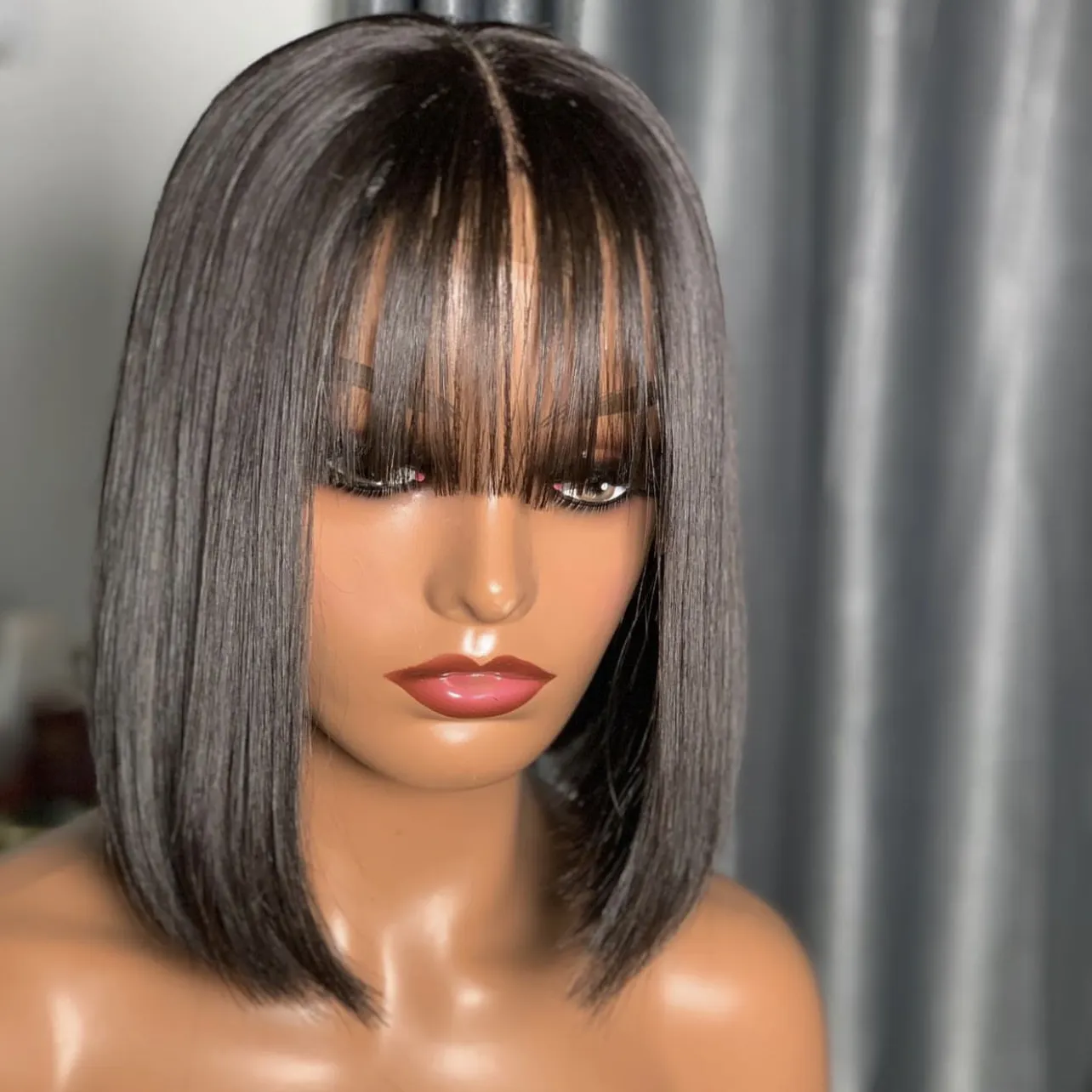 JoyWigs 100% Virgin Remy Human Hair Wigs Glueless Bang Blunt Cut Natural Color Lace Front Wigs Brazilian Hair Swiss Lace 12