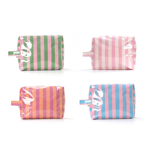 Cosmetic <b>Bag</b> Striped Zipper PVC Waterproof Makeup <b>Storage</b> <b>Travel</b> Portable Large Capacity for Green Blue Orange - Product Image 1