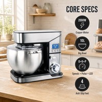 Batteur sur socle SOHEF 10L grande capacité 2000W en acier inoxydable avec crochet pétrisseur et fouet pour la pâtisserie à domicile