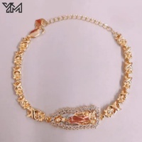 Pulsera Religiosa Ajustable de la Virgen María con Cadena Cubana y Halo de Circonitas Tricolor, Chapada en Oro de 18K, Nuestra Señora de Guadalupe