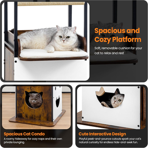 Wood Modern <b>Cat</b> <b>Tree</b> Tower Tall Wooden <b>Cat</b> <b>Trees</b> with Big Perch Bed, Multi-Level Condo with Scratching Board Posts - Product Image 4