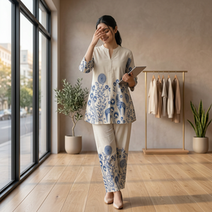 Ensemble 2 pièces pour femmes, imprimé floral beige, haut à manches trois quarts, pantalon droit, vêtements décontractés, printemps été, coupe ample - Product Image 1