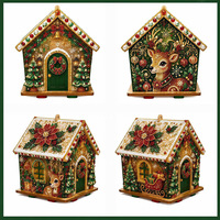 Kit de maison de Noël en bois à décorer soi-même avec perles, peinture diamant 3D, thème nuit d'hiver, bonhomme de neige, ornement de vacances fait main, décoration de table