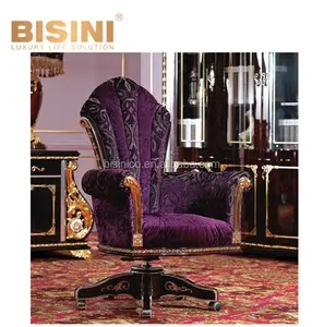 Silla Giratoria de Madera de Diseño Barroco para Oficina en Casa, Silla Ejecutiva de Tela Morada Noble con Detalles en Dorado de 24K - Product Image 1