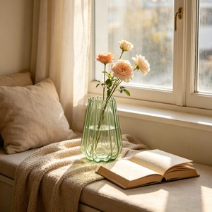Vase en verre cannelé vert à large ouverture et bordure en forme de pétale, vase à <span class=keywords><strong>fleurs</strong></span> pour la décoration de la maison, de la table de mariage, vase à <span class=keywords><strong>fleurs</strong></span> en verre moderne de luxe - Product Image 1
