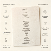 Cartes de menu en papier coton gaufré personnalisées, menu de dîner en papier texturé gaufré pour mariage et restaurant