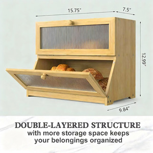 Boîte de rangement pour pain en bambou, double couche, couvercle rabattable, couleur bois naturel, utilisation en cuisine - Product Image 5
