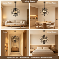 Lampu Gantung Cincin Bulat Hitam, Lampu Chandelier Kandang 4 Lampu Modern untuk Ruang Tamu, Ruang Makan & Foyer